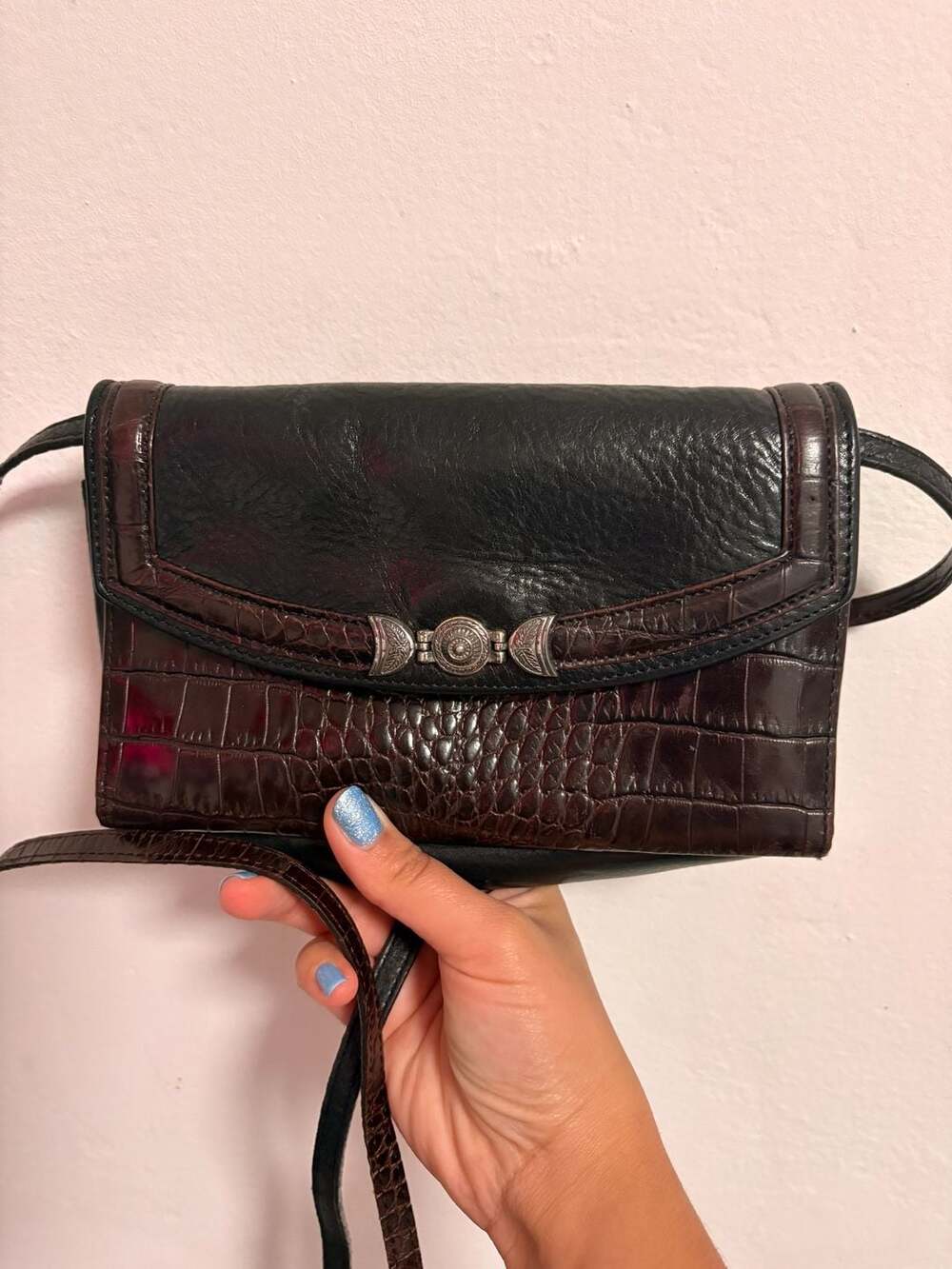VTG Brighton Leather Crossbody Wallet Bag with Silver Tone Hardware Western Boho